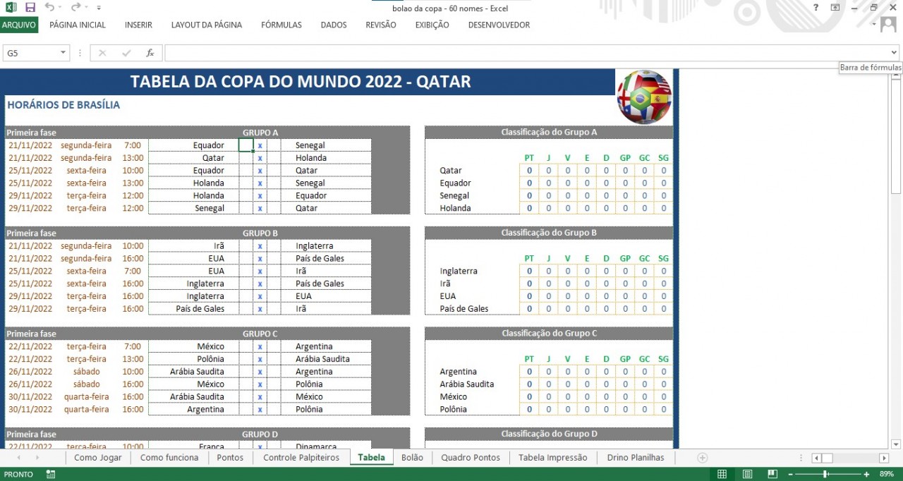 Planilha Copa do Mundo 2022 com Bolão 