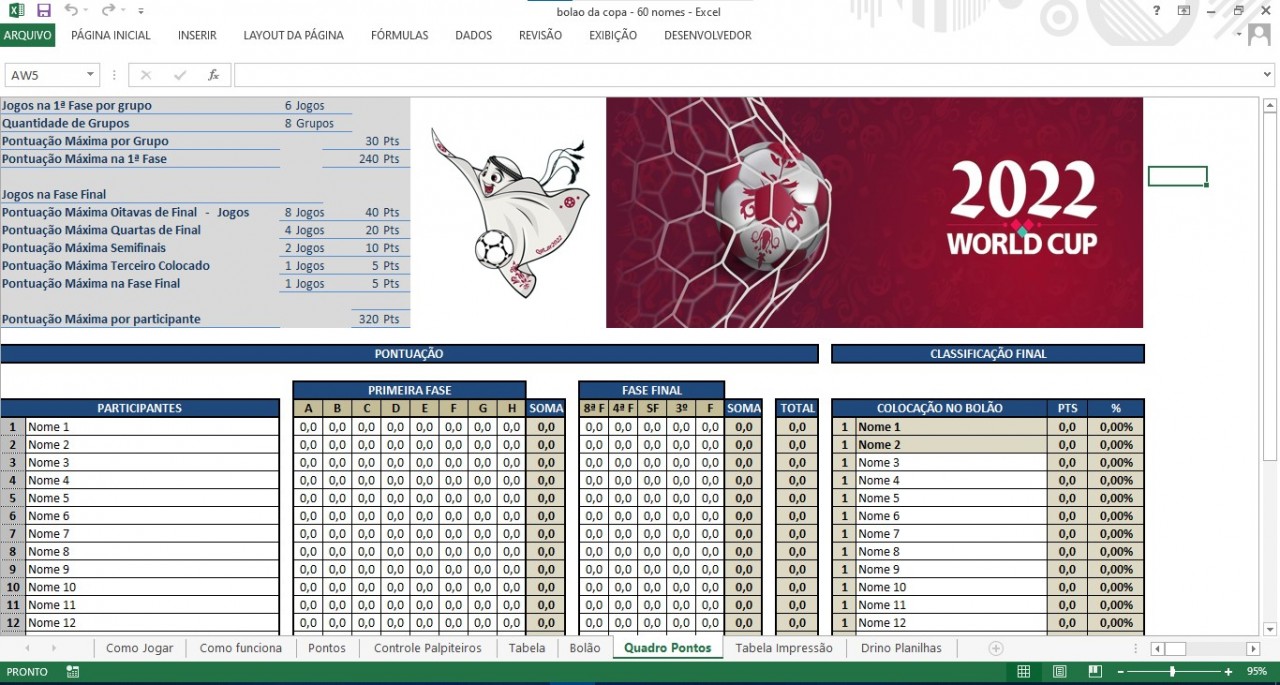 Tabela da Copa do Mundo 2022 no Excel 